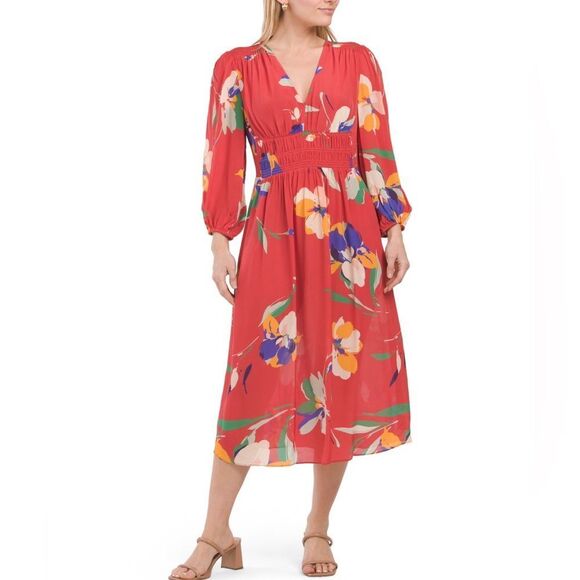 Shoshanna Emanuela Red Floral Midi Dress Smocked Waist Long Sleeve V-Neck 4 NWT - Picture 1 of 16